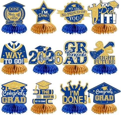 12 Pcs Last Day of School Decorations Honeycomb Centerpieces End of Year Centerpiece Graduation Party Supplies Graduation Hats Congrats Honeycomb Party Decor Table Topper for 2026 Grads Parties Favors in Kuwait