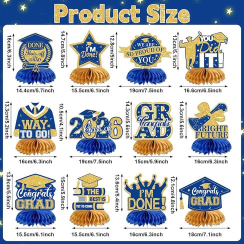 12 Pcs Last Day of School Decorations Honeycomb Centerpieces End of Year Centerpiece Graduation Party Supplies Graduation Hats Congrats Honeycomb Party Decor Table Topper for 2026 Grads Parties Favors in Kuwait