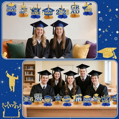 12 Pcs Last Day of School Decorations Honeycomb Centerpieces End of Year Centerpiece Graduation Party Supplies Graduation Hats Congrats Honeycomb Party Decor Table Topper for 2026 Grads Parties Favors in Kuwait