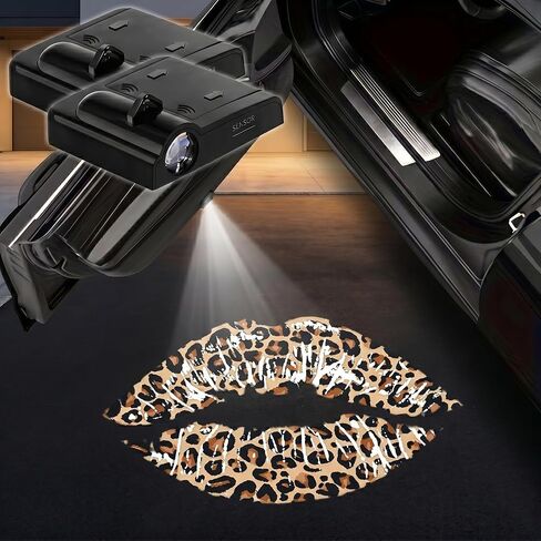 2PCS Leopard Print Lips Car Door Lights Projector, Magnetic Logo Projector Door Lights, Wireless LED Welcome Puddle Light, Sassy Car Accessories, Leopard Lips Gifts for Women Men, Fit All Vehicles in Saudi Arabia