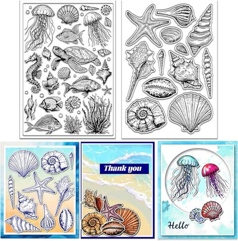 GLOBLELAND 2 Sheets Summer Marine Animal Shells Clear Stamp for Scrapbooking Sea Turtle Silicone Stamps Jellyfish Transparent Stamp Set for Card Making DIY Embossing Journaling in Kuwait
