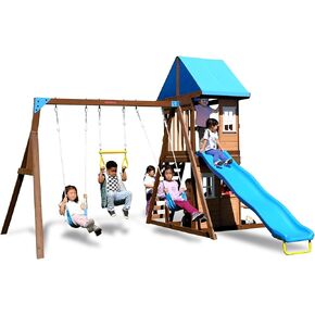 Sportspower 8-in-1 Lakeview Outdoor Cedar Wooden Swing Set: Belt Swings, Trapeze Play Fort with Play Kitchen, Bench & Rock Climber Ladder and Slide - Blue and Yellow in Saudi Arabia