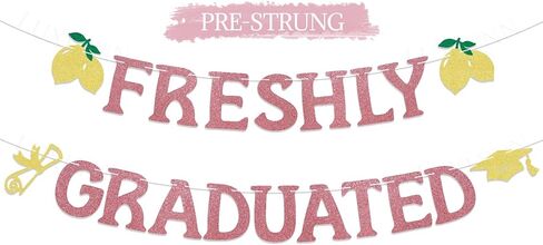 Pre-Strung Freshly Graduated Banner, 2026 Lemon Theme Graduation Sign, Rose Gold Glitter Garland for Farewell Party, Going Away Party Decorations, Graduation Wall Hanging Supplies in Saudi Arabia