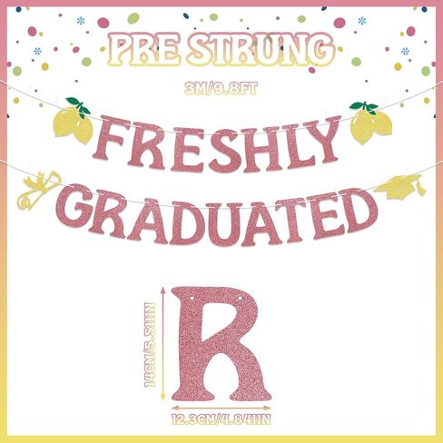 Pre-Strung Freshly Graduated Banner, 2026 Lemon Theme Graduation Sign, Rose Gold Glitter Garland for Farewell Party, Going Away Party Decorations, Graduation Wall Hanging Supplies in Saudi Arabia