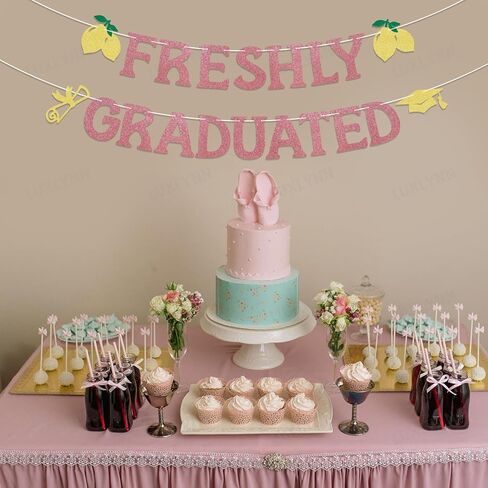 Pre-Strung Freshly Graduated Banner, 2026 Lemon Theme Graduation Sign, Rose Gold Glitter Garland for Farewell Party, Going Away Party Decorations, Graduation Wall Hanging Supplies in Saudi Arabia