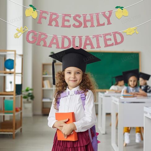 Pre-Strung Freshly Graduated Banner, 2026 Lemon Theme Graduation Sign, Rose Gold Glitter Garland for Farewell Party, Going Away Party Decorations, Graduation Wall Hanging Supplies in Saudi Arabia