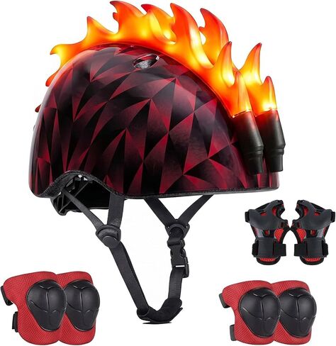 Kids Helmet with LED Lights, Toddler Bike Helmet with Knee Pads and Elbow Pads Set for Boys Age 2-6, Adjustable Kids Bike Helmet for Cycling Scooter Skateboard & Night Riding in Saudi Arabia