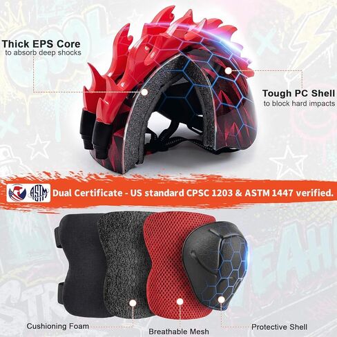 Kids Helmet with LED Lights, Toddler Bike Helmet with Knee Pads and Elbow Pads Set for Boys Age 2-6, Adjustable Kids Bike Helmet for Cycling Scooter Skateboard & Night Riding in Saudi Arabia
