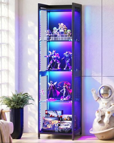 AODK 72" Tall Display Case with LED Lights, Corner Display Cabinet with Open Glass Shelves, 5-Tier Display Shelf with Industrial Mesh Sides, Curio Cabinet Shelf for Collectibles in Saudi Arabia