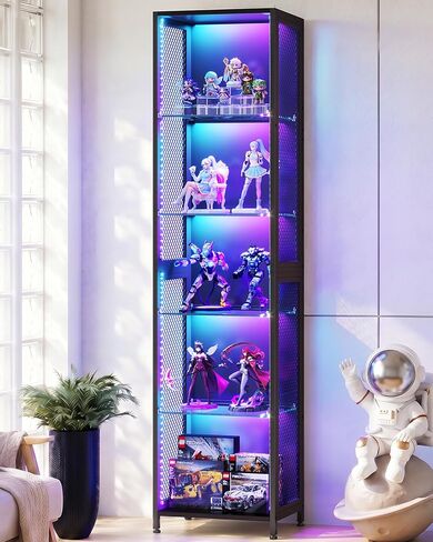 AODK 72" Tall Display Case with LED Lights, Corner Display Cabinet with Open Glass Shelves, 5-Tier Display Shelf with Industrial Mesh Sides, Curio Cabinet Shelf for Collectibles in Saudi Arabia