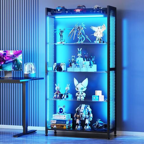AODK Display Case with LED Lights, Display Cabinet with Glass Storage Shelves and Industrial Metal Mesh, 4-Tier Display Shelf for Collectibles, Curio Cabinet with Open Shelf, Black Book Shelf in Saudi Arabia