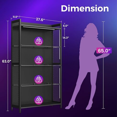 AODK Display Case with LED Lights, Display Cabinet with Glass Storage Shelves and Industrial Metal Mesh, 4-Tier Display Shelf for Collectibles, Curio Cabinet with Open Shelf, Black Book Shelf in Saudi Arabia