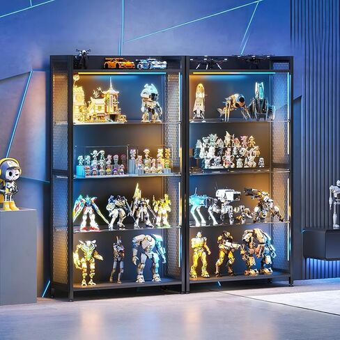 AODK Display Case with LED Lights, Display Cabinet with Glass Storage Shelves and Industrial Metal Mesh, 4-Tier Display Shelf for Collectibles, Curio Cabinet with Open Shelf, Black Book Shelf in Saudi Arabia