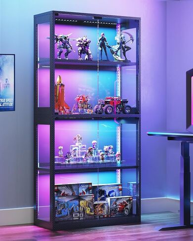 AODK Display Case with LED Lights, Display Cabinet with Glass Storage Shelves and Industrial Metal Mesh, 4-Tier Display Shelf for Collectibles, Curio Cabinet with Open Shelf, Black Book Shelf in Saudi Arabia