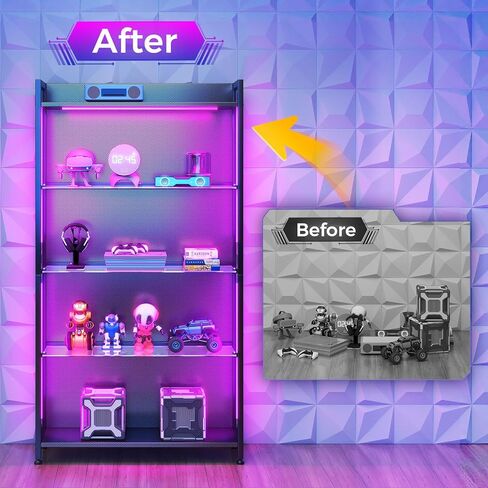 AODK Display Case with LED Lights, Display Cabinet with Glass Storage Shelves and Industrial Metal Mesh, 4-Tier Display Shelf for Collectibles, Curio Cabinet with Open Shelf, Black Book Shelf in Saudi Arabia