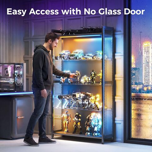 AODK Display Case with LED Lights, Display Cabinet with Glass Storage Shelves and Industrial Metal Mesh, 4-Tier Display Shelf for Collectibles, Curio Cabinet with Open Shelf, Black Book Shelf in Saudi Arabia