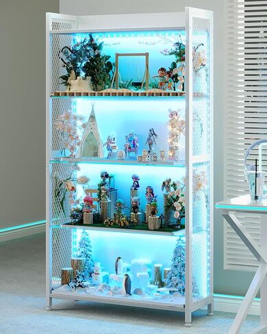 AODK Display Case with LED Lights, Display Cabinet with Glass Storage Shelves and Industrial Metal Mesh, 4-Tier Display Shelf for Collectibles, Curio Cabinet with Open Shelf, Black Book Shelf in Saudi Arabia