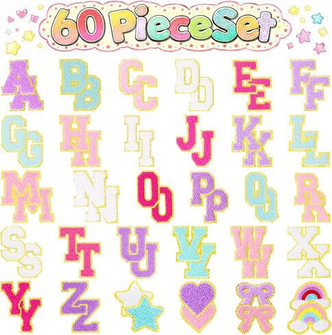 60PCS Chenille Letter Patches Self Adhesive – Preppy Alphabet Iron On Patches with Rainbow Star Bow Heart, Sew On Fabric Patches for Clothing, Backpacks & DIY Crafts in Saudi Arabia