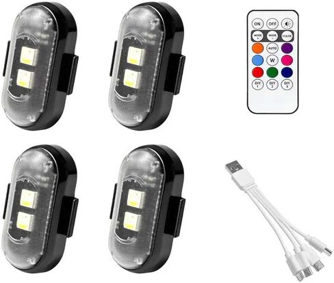 4PCS Wireless LED Strobe Lights with Remote Control, 8 Colors Anti-Collision Flashing Safety Warning Lamp, Waterproof USB Charging LED Emergency Light for Car Motorcycle Aircraft in Saudi Arabia