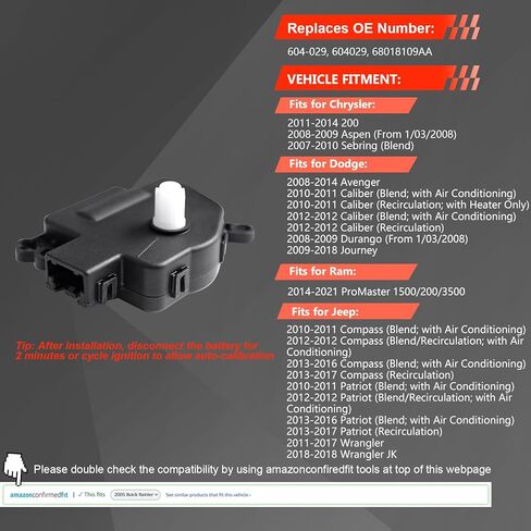 HVAC Heater Blend Door Actuator Compatible with Jeep Wrangler 2011-2018, Grand Cherokee, Dodge Journey 2009-2020, Avenger, Ram ProMaster 1500 2500 3500, Replaces 68018109AA, 604-029 Air Door Actuator in Kuwait
