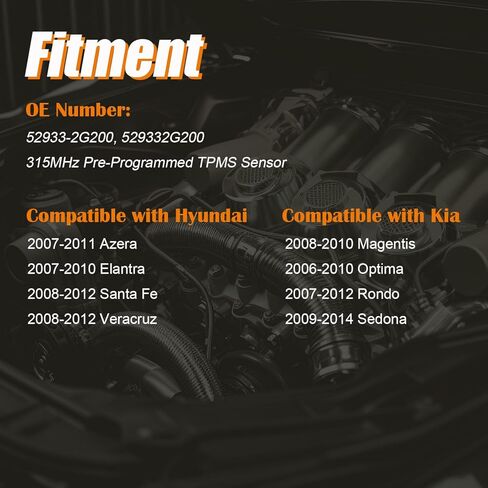 Pre-Programmed TPMS Sensor Tire Pressure Monitoring Sensor 52933-2G200 fit for Hyundai Azera Elantra Santa Fe Veracruz, fit for Kia Magentis Optima Rondo Sedona, 529332G200-315MHz (4) in Saudi Arabia