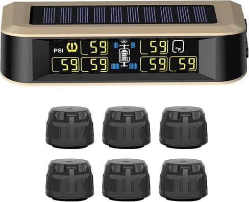 نظام مراقبة ضغط الإطارات بالطاقة الشمسية RV TPMS مع 6 أجهزة استشعار، يدعم تبديل وضع العجلة 4/6، 5 أوضاع تنبيه لمراقبة ضغط الإطارات في الوقت الحقيقي/درجة الحرارة لشاحنة مقطورة (0 ~ 199 رطل لكل بوصة مربعة) in Kuwait