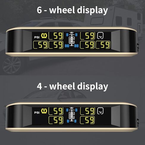 نظام مراقبة ضغط الإطارات بالطاقة الشمسية RV TPMS مع 6 أجهزة استشعار، يدعم تبديل وضع العجلة 4/6، 5 أوضاع تنبيه لمراقبة ضغط الإطارات في الوقت الحقيقي/درجة الحرارة لشاحنة مقطورة (0 ~ 199 رطل لكل بوصة مربعة) in Kuwait