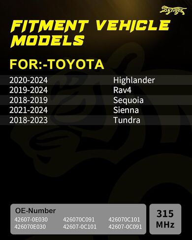 Oktiger 315MHz TPMS Sensor Pre-Programmed Fit for Toyota 2020-2024 Highlander, 2019-2024 RAV4, 2018-2019 Sequoia, 2021-2024 Sienna, 2018-2023 Tundra, Tire Pressure Sensor 4PCS OE#42607-0E030 in Kuwait