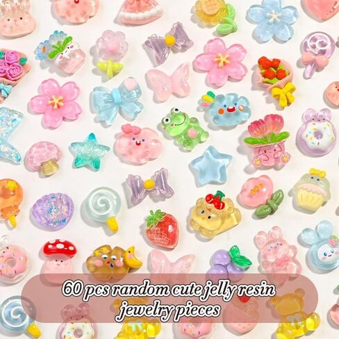 60Pcs Random Flatback Resin Charms, Kawaii Cute Ornament Bulk Set for Phone Case Decoden, Hairpins Scrapbooking DIY Craft Embellishments & Home Decoration-Mixed Colors in Kuwait