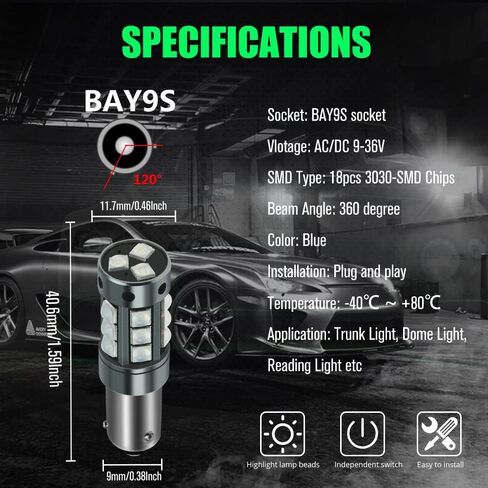 YEORO 2pcs AC/DC 9-36V H21W LED Bulbs Blue,Error Free BAY9S 64136 LED Car Ligh Bulbs Super Bright 3030 18-SMD Chips for Car Interior Dome Map License Plate Glove Box Light. (H21W/BAY9S, Blue) in Saudi Arabia