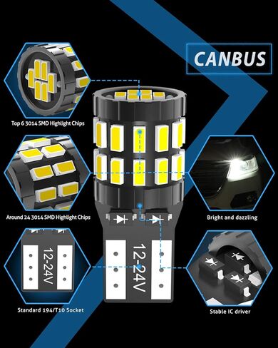 KATUR 194 T10 W5W 168 LED لمبة إضاءة فائقة السطوع 6000K زينون أبيض 30-SMD 3014 رقائق 12-24 فولت CANBUS خالية من الأخطاء LED لمبة بديلة لقبة السيارة خريطة الباب ضوء لوحة الترخيص (نسخة مطورة) in Kuwait