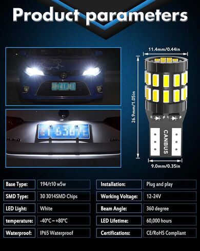 KATUR 194 T10 W5W 168 LED لمبة إضاءة فائقة السطوع 6000K زينون أبيض 30-SMD 3014 رقائق 12-24 فولت CANBUS خالية من الأخطاء LED لمبة بديلة لقبة السيارة خريطة الباب ضوء لوحة الترخيص (نسخة مطورة) in Kuwait