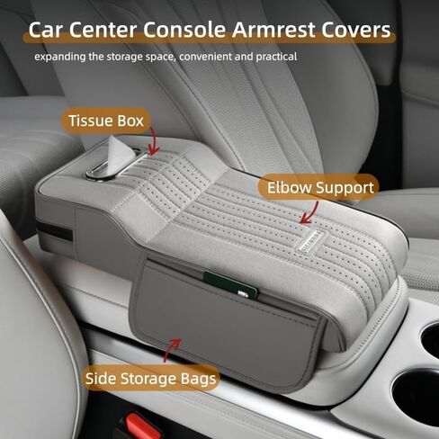 Car Center Console Armrest Covers,Car Armrest Cover with Tissue Box 2 Side Storage Bag,Elbow Rest Pillow Universal Armrest Cover for Cars,Relieve Arm Fatigue,Great for Long-time Driving (Apricot) in Saudi Arabia