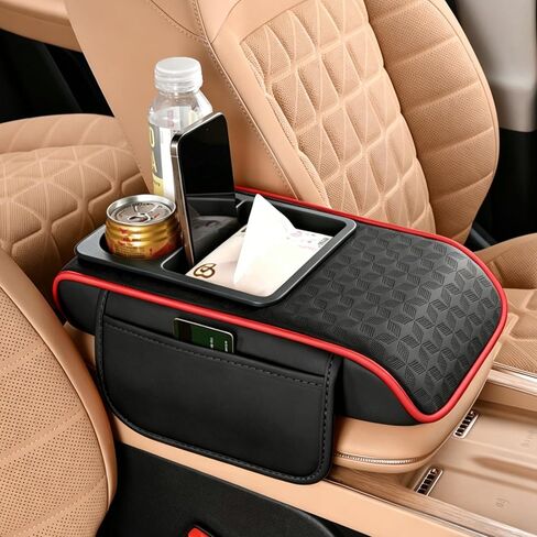 Car Center Console Cover with Storage Bags, 5-in-1 Armrest Cover with Cup Holder, Tissue Box, Phone Slot, Waterproof Armrest Cushion for Car (Apricot) in Saudi Arabia