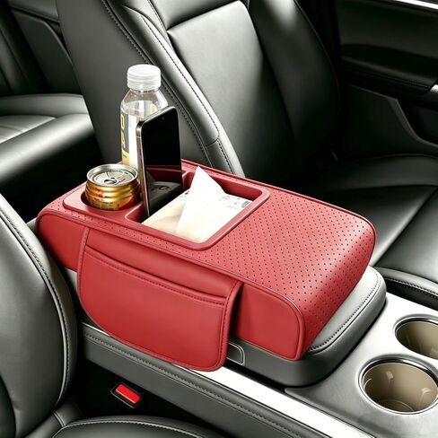 Car Center Console Cover with Storage Bags, 5-in-1 Armrest Cover with Cup Holder, Tissue Box, Phone Slot, Waterproof Armrest Cushion for Car (Apricot) in Saudi Arabia