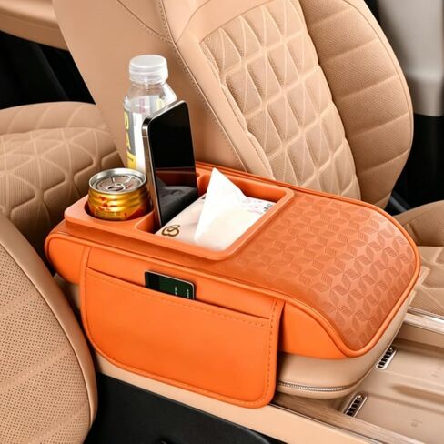 Car Center Console Cover with Storage Bags, 5-in-1 Armrest Cover with Cup Holder, Tissue Box, Phone Slot, Waterproof Armrest Cushion for Car (Apricot) in Saudi Arabia