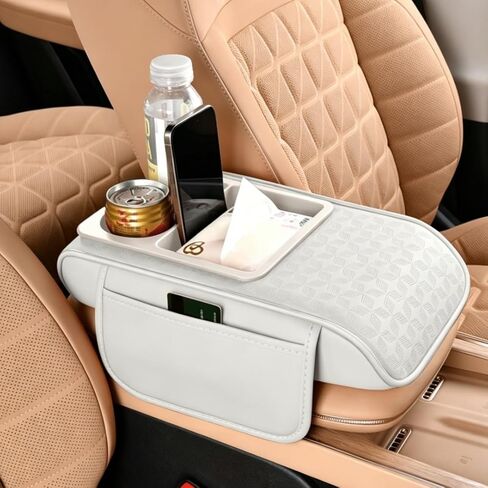 Car Center Console Cover with Storage Bags, 5-in-1 Armrest Cover with Cup Holder, Tissue Box, Phone Slot, Waterproof Armrest Cushion for Car (Apricot) in Saudi Arabia