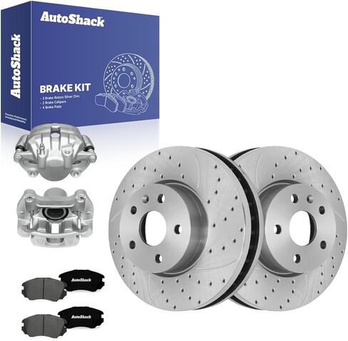 دوارات فرامل أمامية من AutoShack، وسادات سيراميك وفرجار لسيارة شيفروليه، إكوينوكس 2010-2017، AWD FWD L4 2.4L V6 3.0L 3.6L - مطلية بالزنك الفضي محفورة ومشقوقة - SilverShield Pro - 12.64 بوصة (321 مم)، 5 عروات in Kuwait