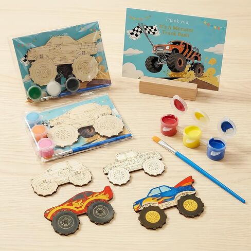 WORGO 24 PCS Monster Truck Party Favors, DIY Painting Kits with 6 Unique Wooden Trucks, Crafts for Kids - Monster Truck Car Birthday Decorations, Goodie Bag Fillers for Kids Ages 4-8 in Saudi Arabia