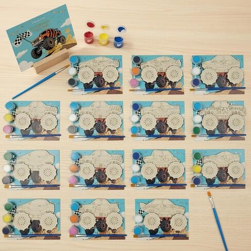 WORGO 24 PCS Monster Truck Party Favors, DIY Painting Kits with 6 Unique Wooden Trucks, Crafts for Kids - Monster Truck Car Birthday Decorations, Goodie Bag Fillers for Kids Ages 4-8 in Saudi Arabia