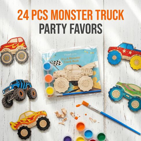 WORGO 24 PCS Monster Truck Party Favors, DIY Painting Kits with 6 Unique Wooden Trucks, Crafts for Kids - Monster Truck Car Birthday Decorations, Goodie Bag Fillers for Kids Ages 4-8 in Saudi Arabia