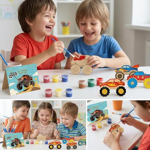 WORGO 24 PCS Monster Truck Party Favors, DIY Painting Kits with 6 Unique Wooden Trucks, Crafts for Kids - Monster Truck Car Birthday Decorations, Goodie Bag Fillers for Kids Ages 4-8 in Saudi Arabia