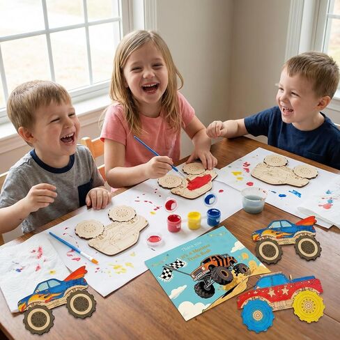 WORGO 24 PCS Monster Truck Party Favors, DIY Painting Kits with 6 Unique Wooden Trucks, Crafts for Kids - Monster Truck Car Birthday Decorations, Goodie Bag Fillers for Kids Ages 4-8 in Saudi Arabia