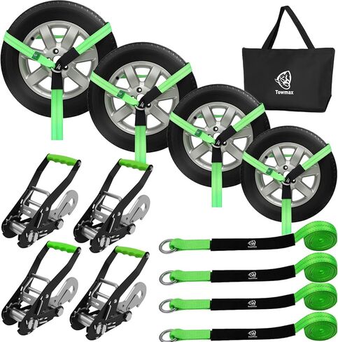 4 Pack Car Tie Down Straps for Trailers - 2" x 8' Heavy Duty Tire Straps with Snap Hooks - 10,000lbs Break Strength, Adjustable Lasso Style Wheel Straps for Hauling Cars, Truck, UTV(Green) in Saudi Arabia