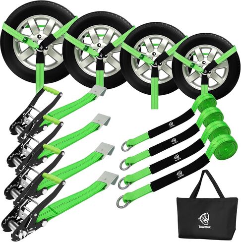 4 Pack Car Tie Down Straps for Trailers - 2" x 8' Heavy Duty Tire Straps with Snap Hooks - 10,000lbs Break Strength, Adjustable Lasso Style Wheel Straps for Hauling Cars, Truck, UTV(Green) in Saudi Arabia
