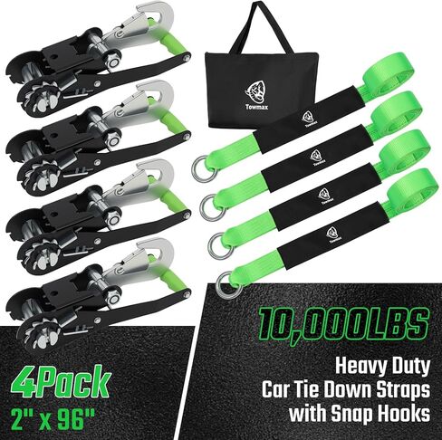 4 Pack Car Tie Down Straps for Trailers - 2" x 8' Heavy Duty Tire Straps with Snap Hooks - 10,000lbs Break Strength, Adjustable Lasso Style Wheel Straps for Hauling Cars, Truck, UTV(Green) in Saudi Arabia