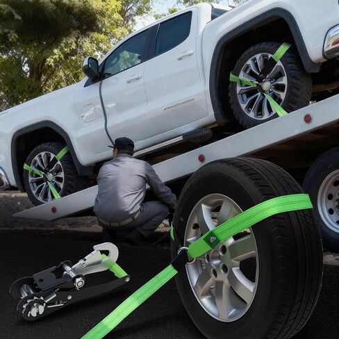 4 Pack Car Tie Down Straps for Trailers - 2" x 8' Heavy Duty Tire Straps with Snap Hooks - 10,000lbs Break Strength, Adjustable Lasso Style Wheel Straps for Hauling Cars, Truck, UTV(Green) in Saudi Arabia