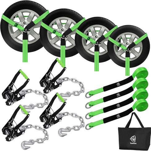 4 Pack Car Tie Down Straps for Trailers - 2" x 8' Heavy Duty Tire Straps with Snap Hooks - 10,000lbs Break Strength, Adjustable Lasso Style Wheel Straps for Hauling Cars, Truck, UTV(Green) in Saudi Arabia