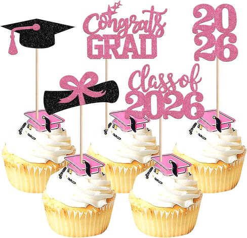 40 PCS 2026 Graduation Theme Cupcake Toppers Glitter Congrats Grad 2026 Diploma Graduation Cap Cupcake Picks for Class of 2026 Graduation Theme Party Cake Decorations Supplies Pink in Kuwait