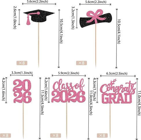 40 PCS 2026 Graduation Theme Cupcake Toppers Glitter Congrats Grad 2026 Diploma Graduation Cap Cupcake Picks for Class of 2026 Graduation Theme Party Cake Decorations Supplies Pink in Kuwait